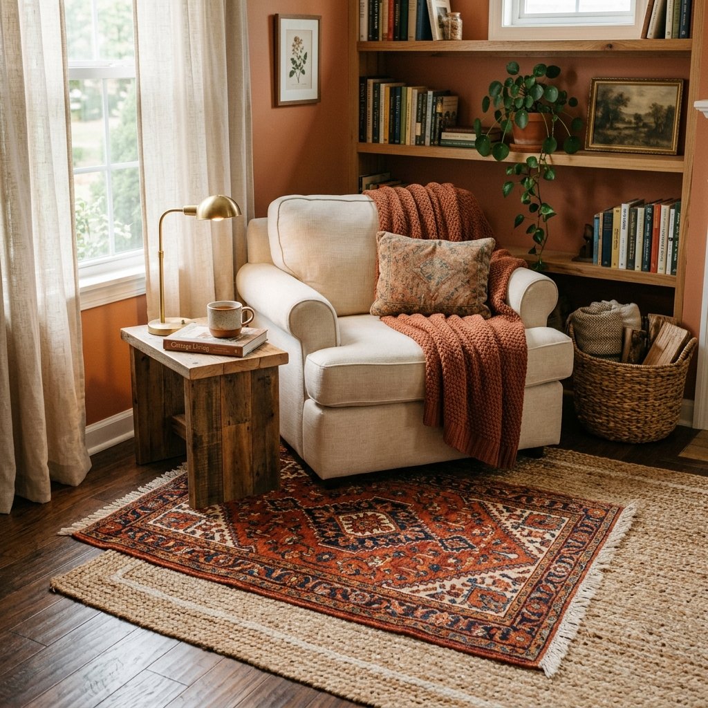 textured area rug in a deep warm tone in a small living room