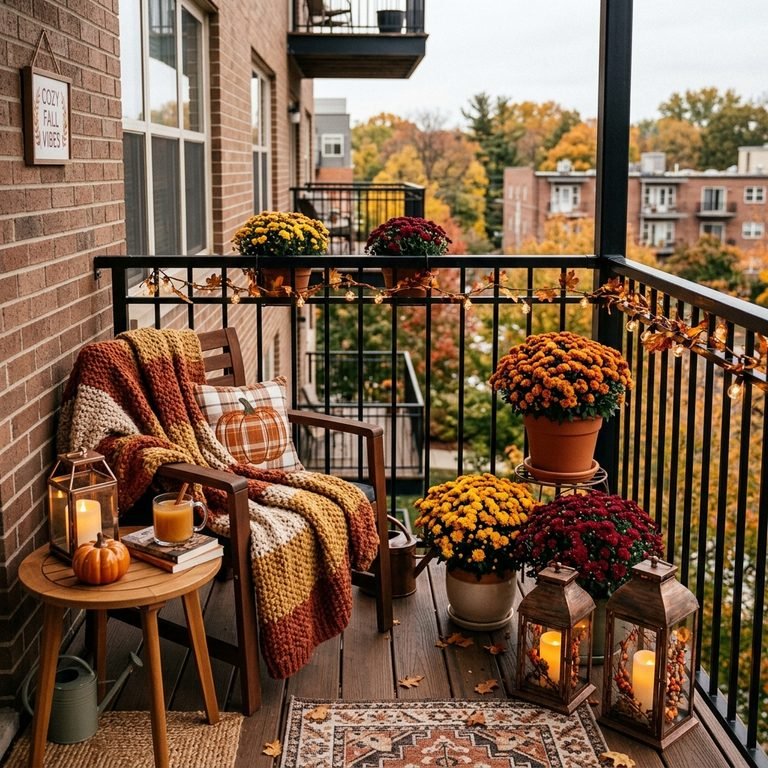Apartment balcony styled for fall with a chair, throw blanket and warm-toned decor