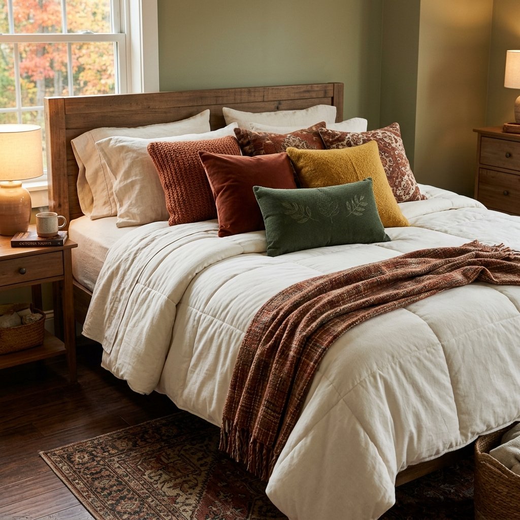 bed layered with a heavier duvet and fall throw pillows