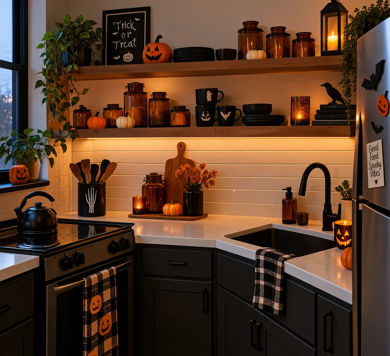 Halloween decor in a small apartment kitchen with black and copper accents
