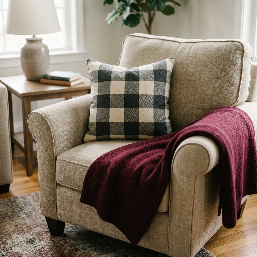 checked pillow layered with a burgundy throw pattern mixing