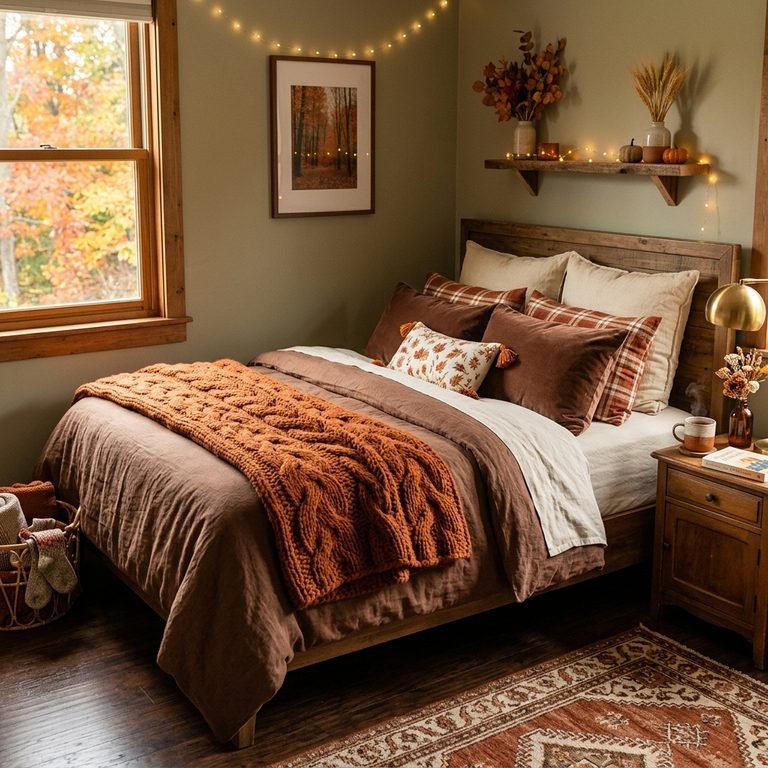 Small bedroom styled cozy for fall with layered bedding in earthy tones