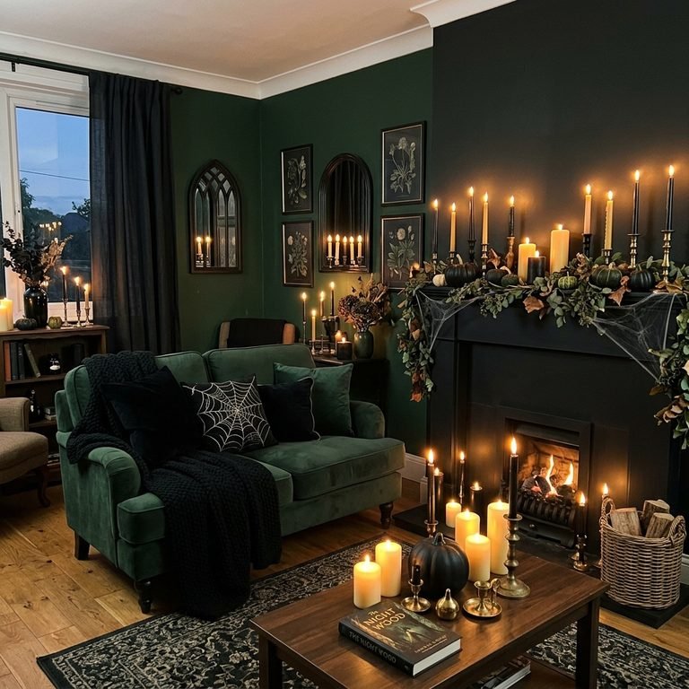 Elegant Halloween decor in a small living room with muted, refined styling
