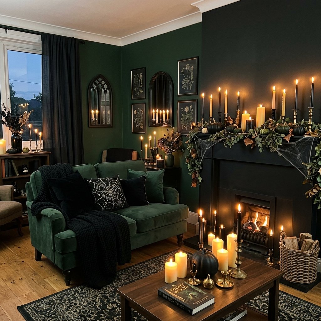 Elegant Halloween decor in a small living room with muted, refined styling