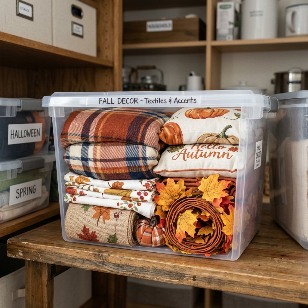 fall decor stored in a flat bin for small apartment storage