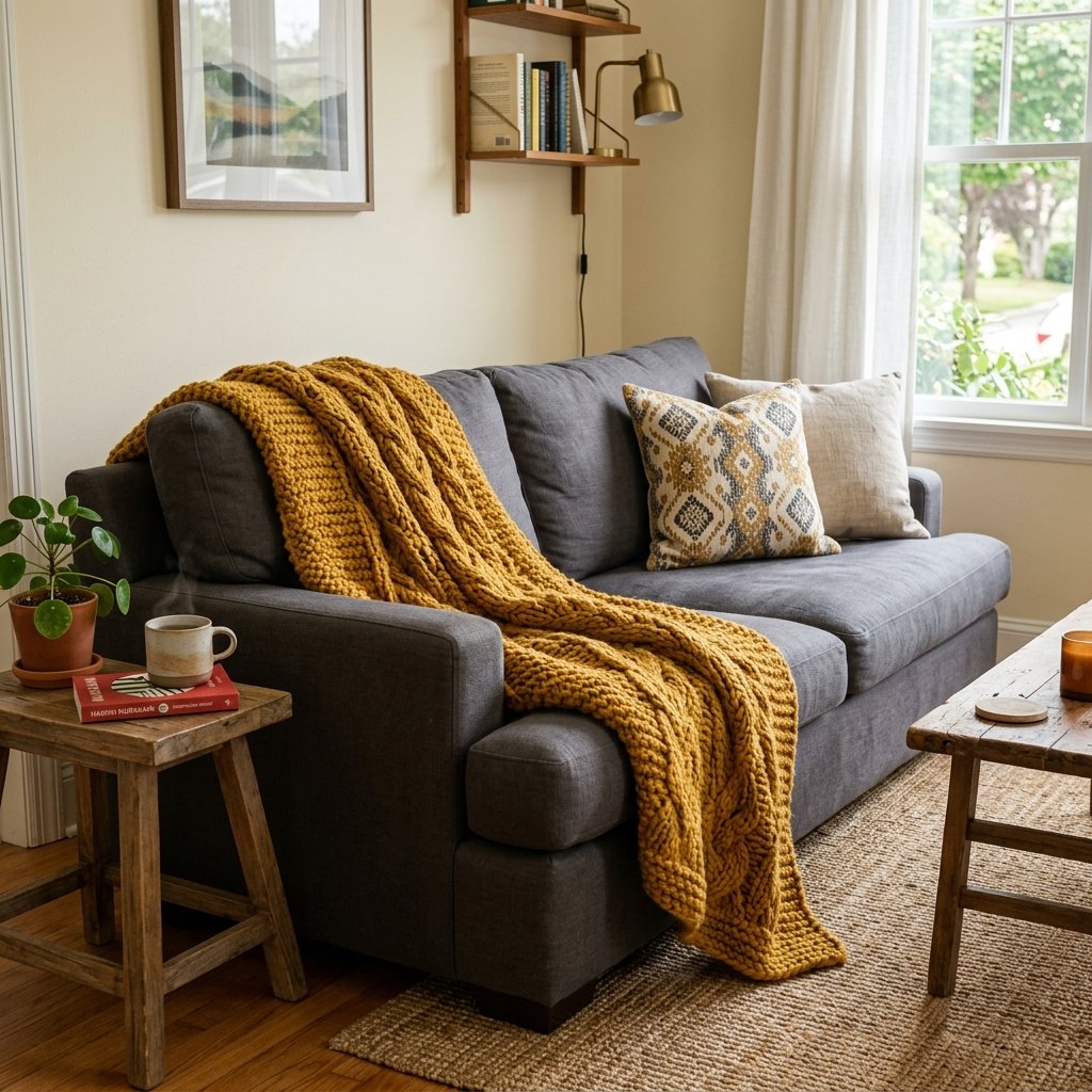 chunky knit throw blanket in a fall tone on a sofa