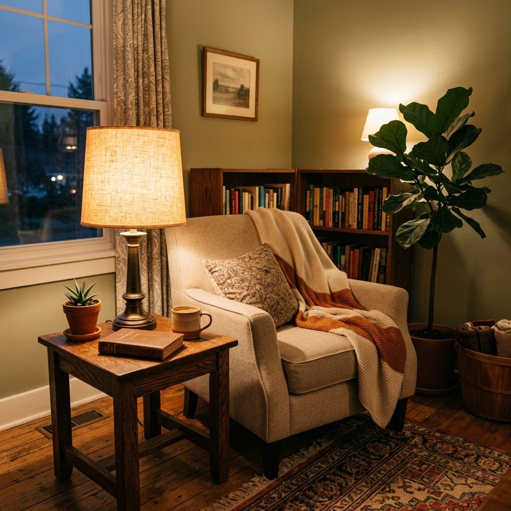 warm glowing lamp in a small apartment living room