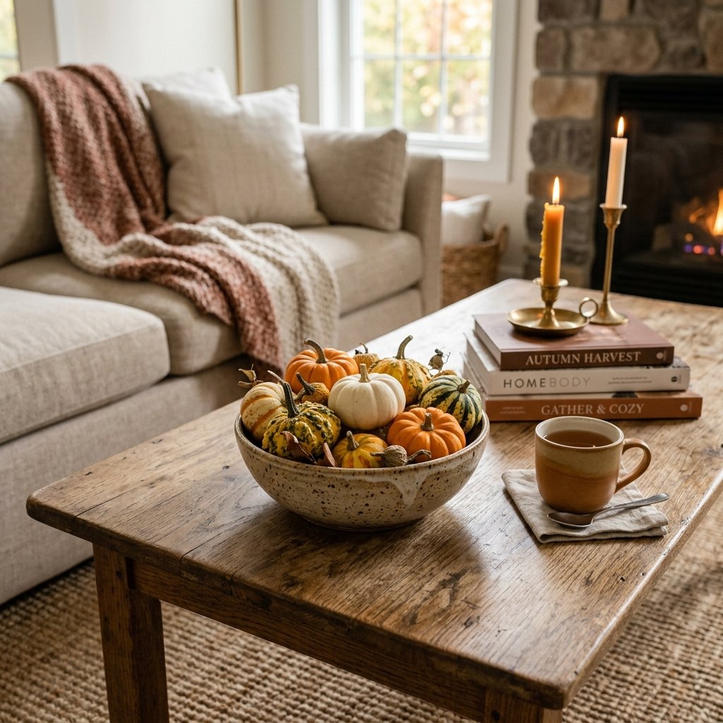 mini pumpkins and gourds styled in a bowl on a coffee table