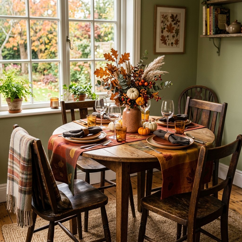 small dining table with a fall runner and woven placemats