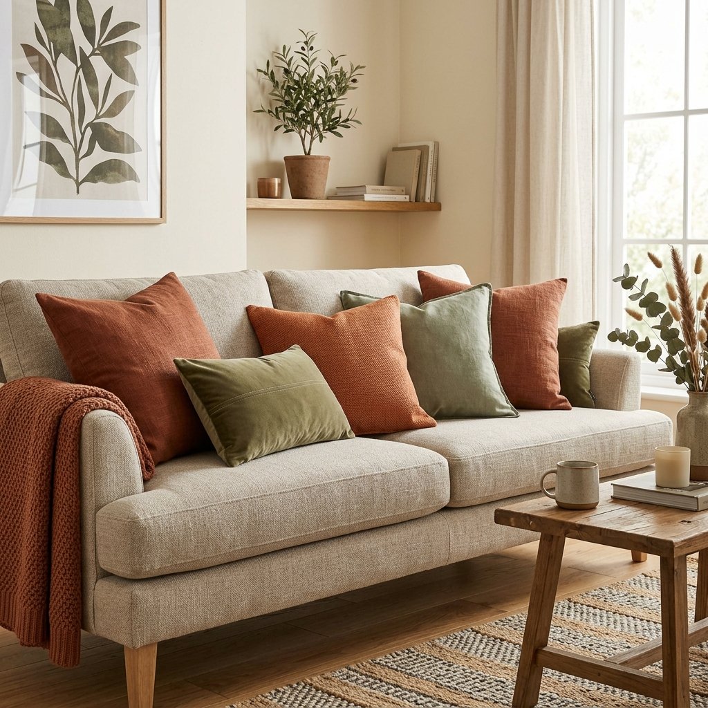 sofa styled with fall pillow covers in rust and olive