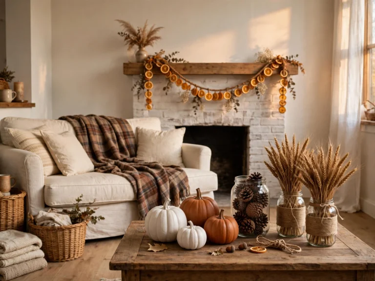 Easy DIY fall home decor with painted pumpkins, orange garland and pinecones