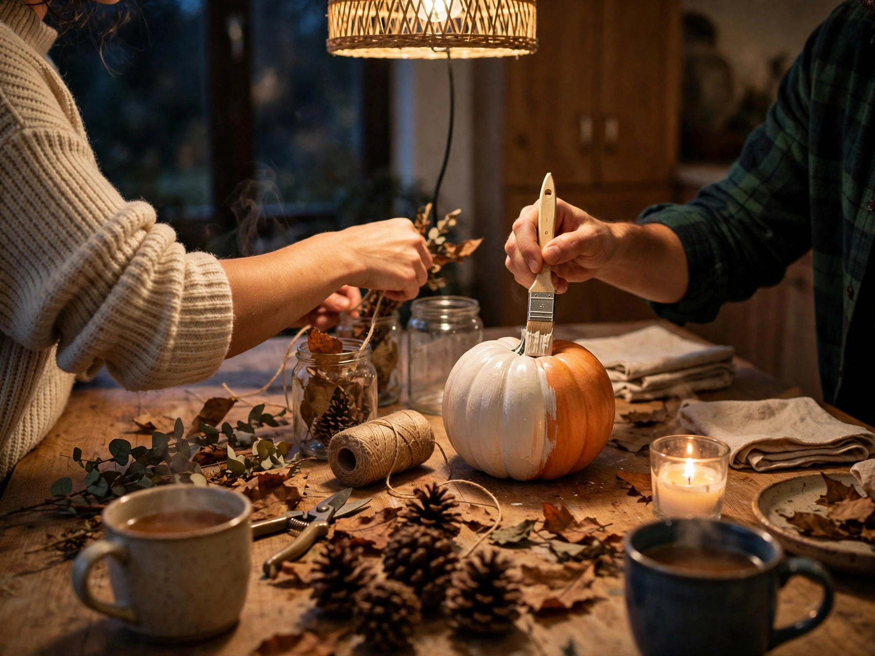 Friends making budget friendly fall home decor at a kitchen table