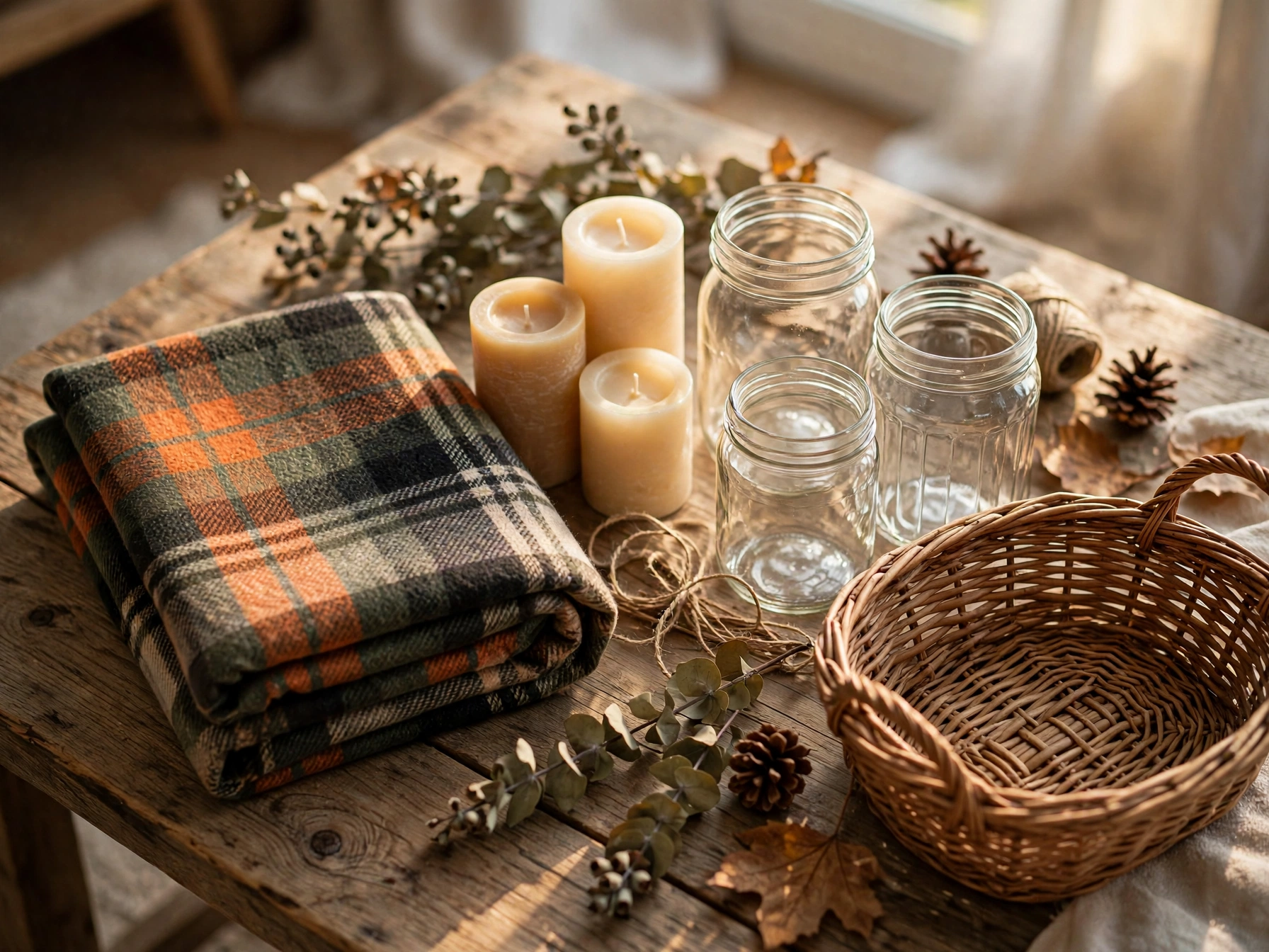 Gathering blankets, candles and jars from around the house for fall decor