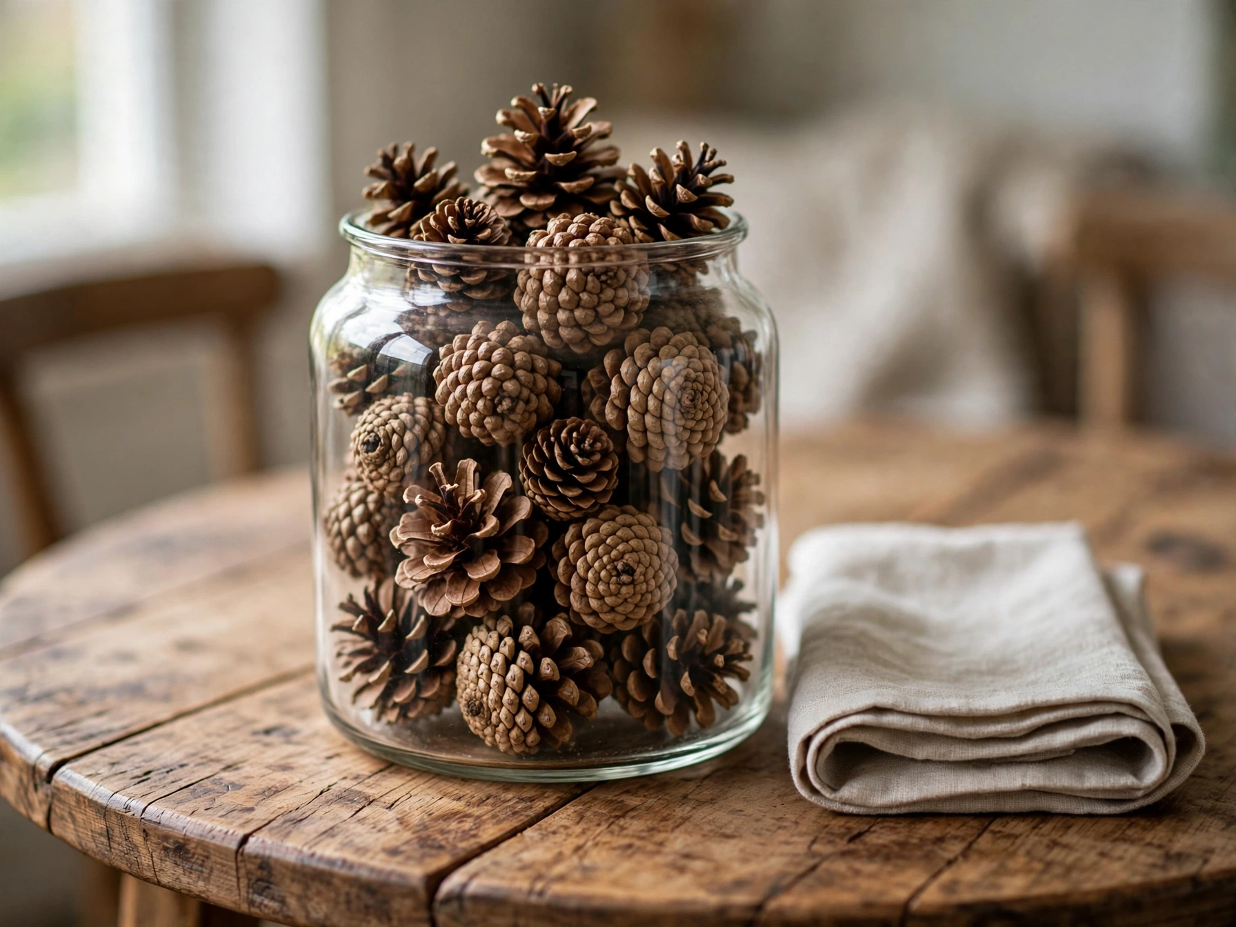 Glass jar filled with pinecones as a free fall centerpiece