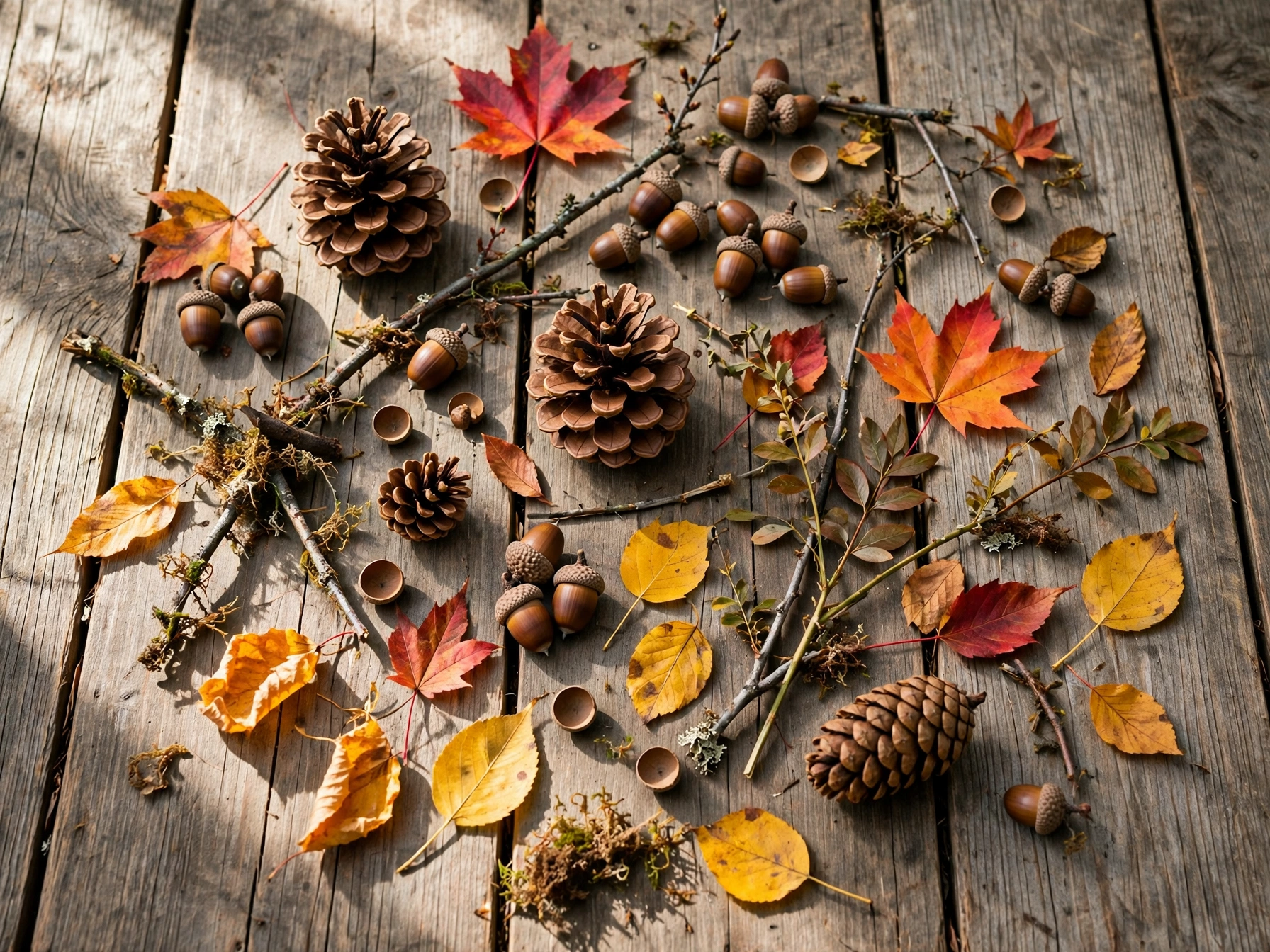 Foraged pinecones, acorns, leaves and branches for free fall decor