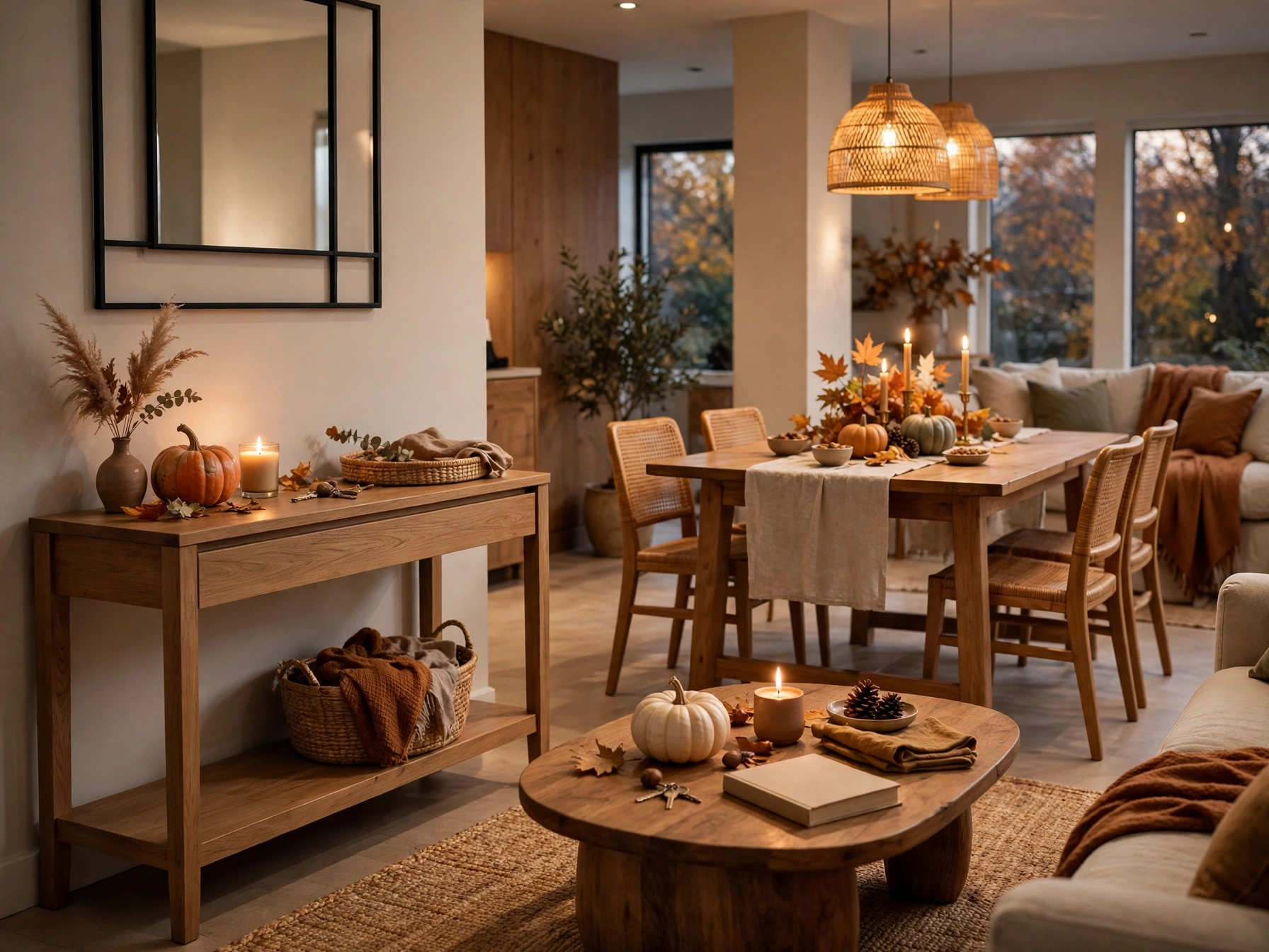 Fall decor focused on the entryway, coffee table and dining table