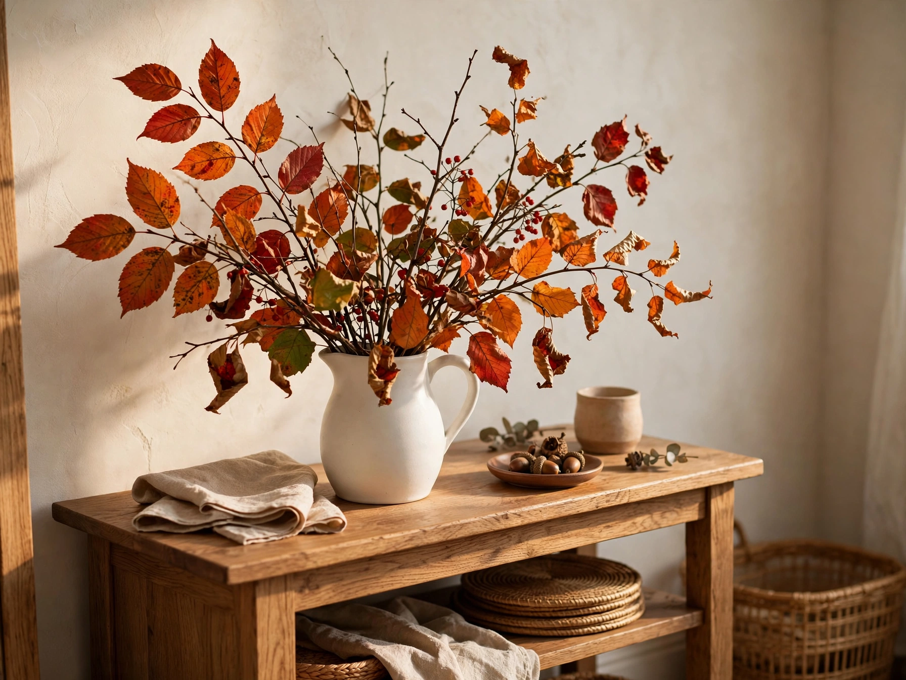 Foraged autumn branches arranged in a white pitcher