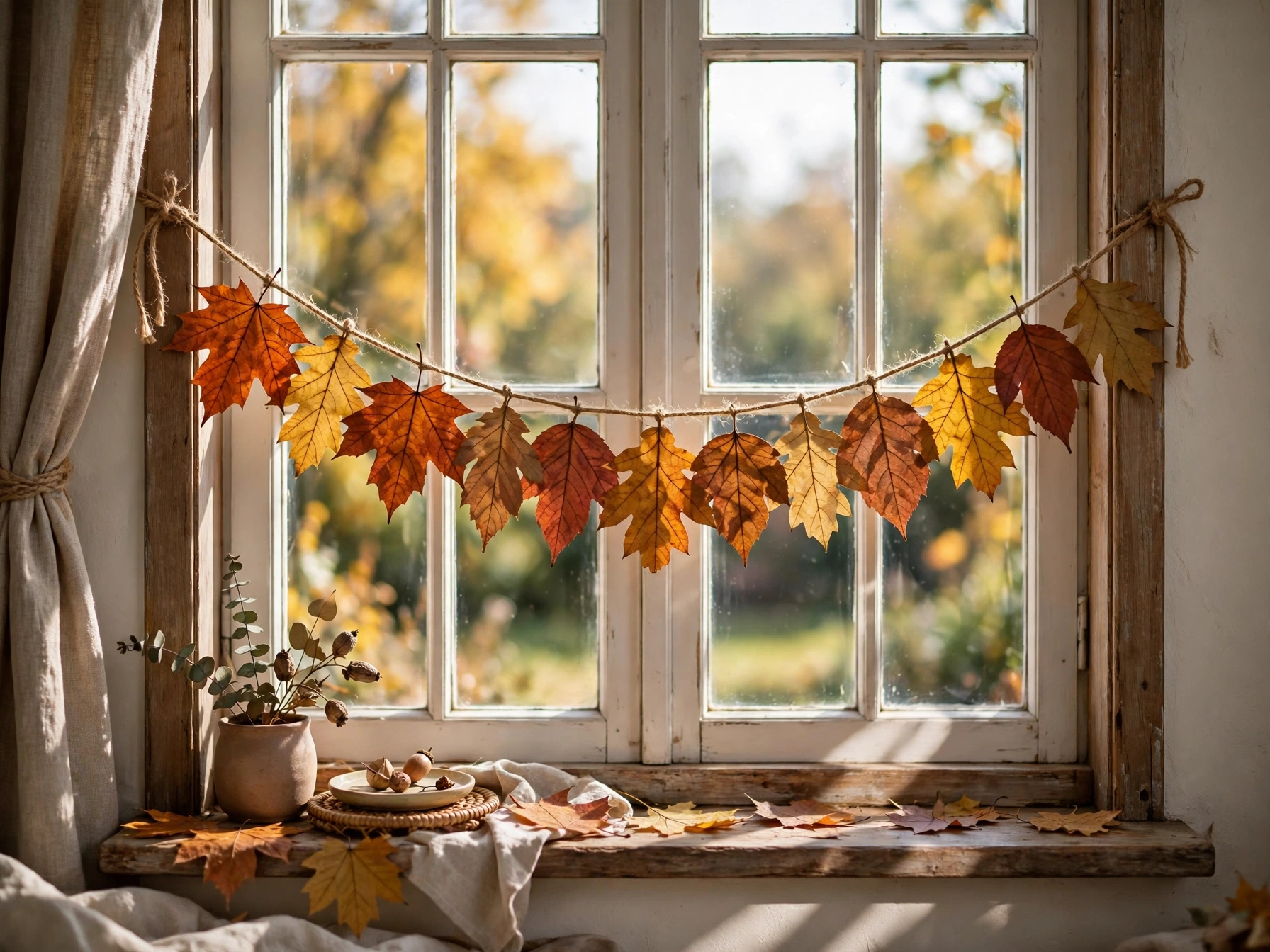 DIY leaf garland strung with twine across a window