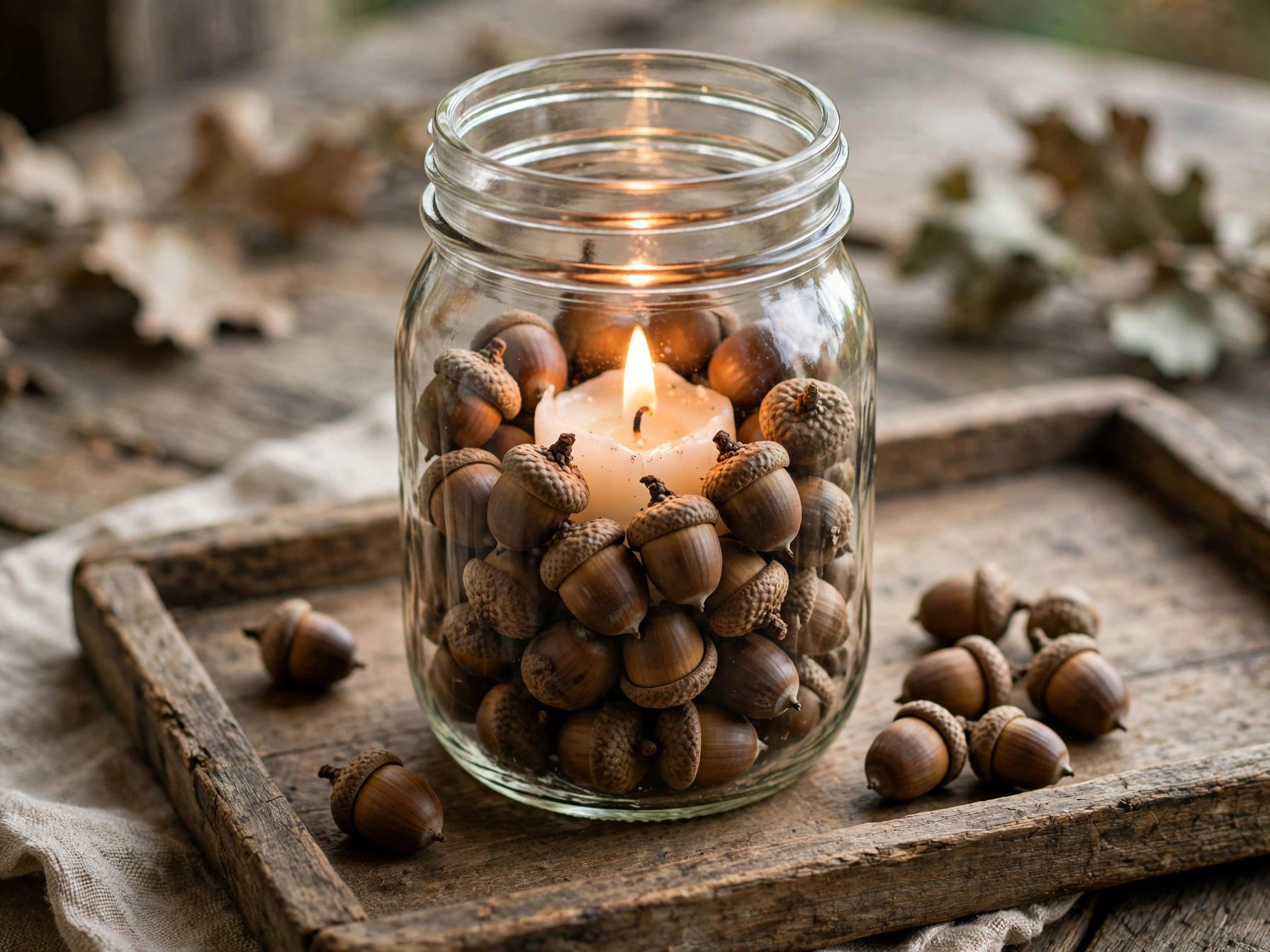 Mason jar filled with acorns holding a lit candle