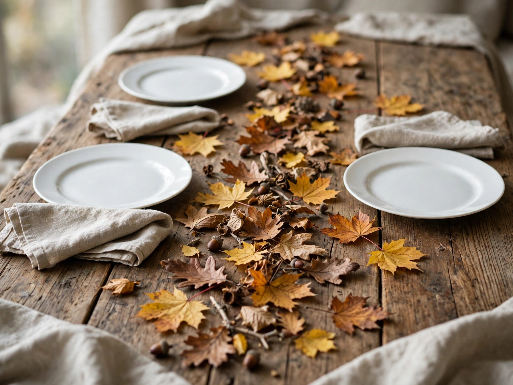 Fallen leaves scattered down a dining table as quick fall home decor
