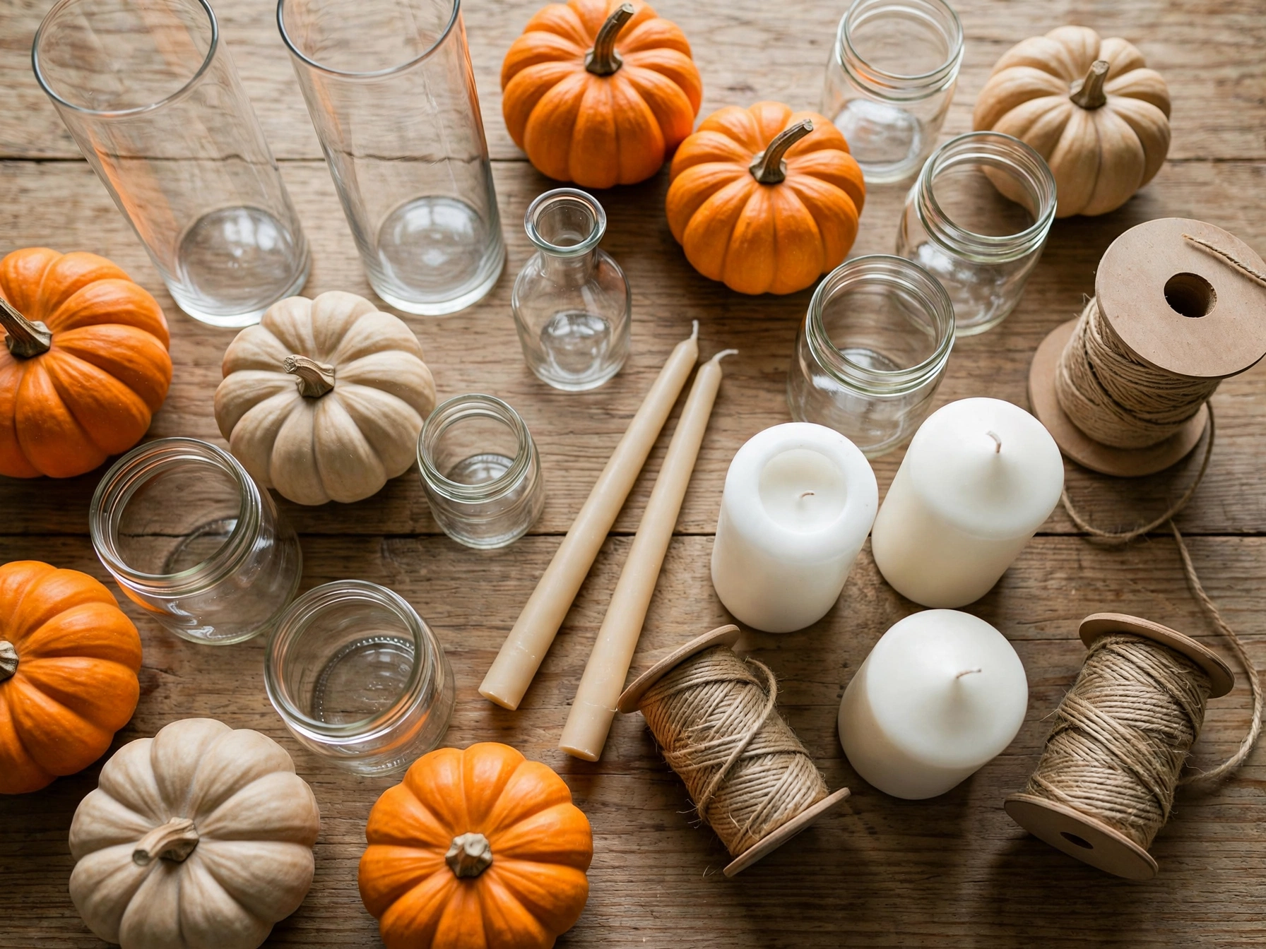 Dollar store haul of faux pumpkins, vases, candles and twine for cheap fall decor