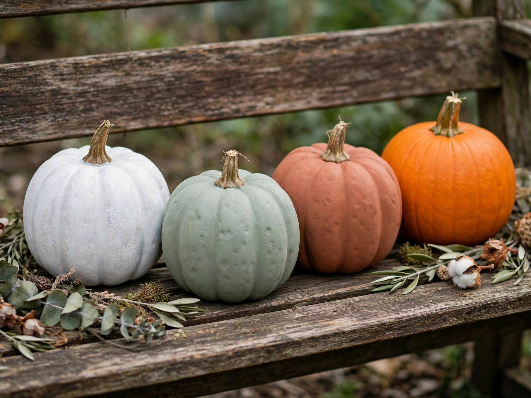 Dollar store pumpkins painted with chalk paint in white, sage and terracotta