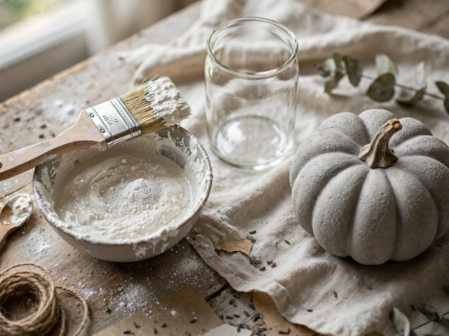 Baking soda paint mix creating a stoneware texture on a vase and pumpkin