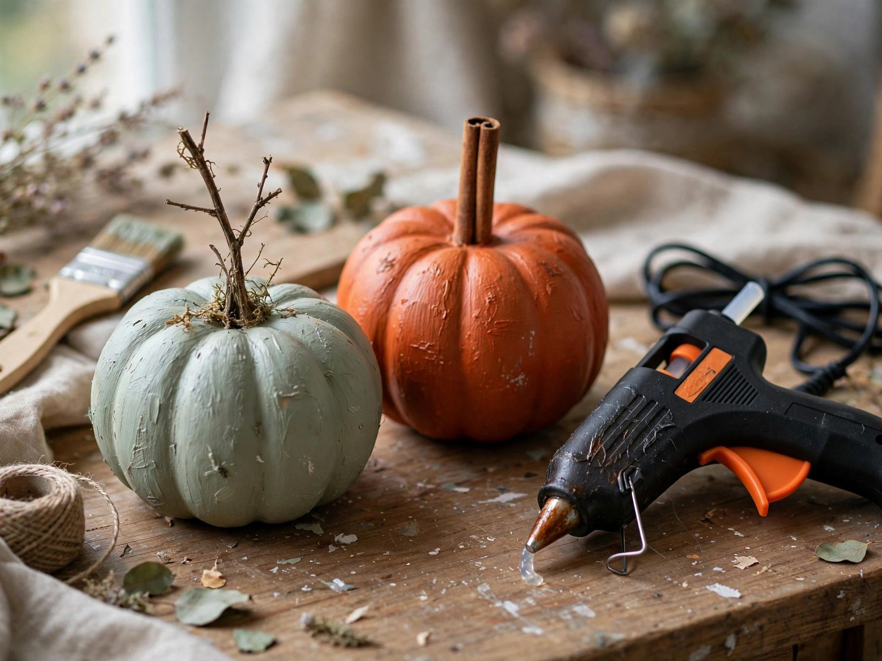 Faux pumpkins with real twig and cinnamon stick stems