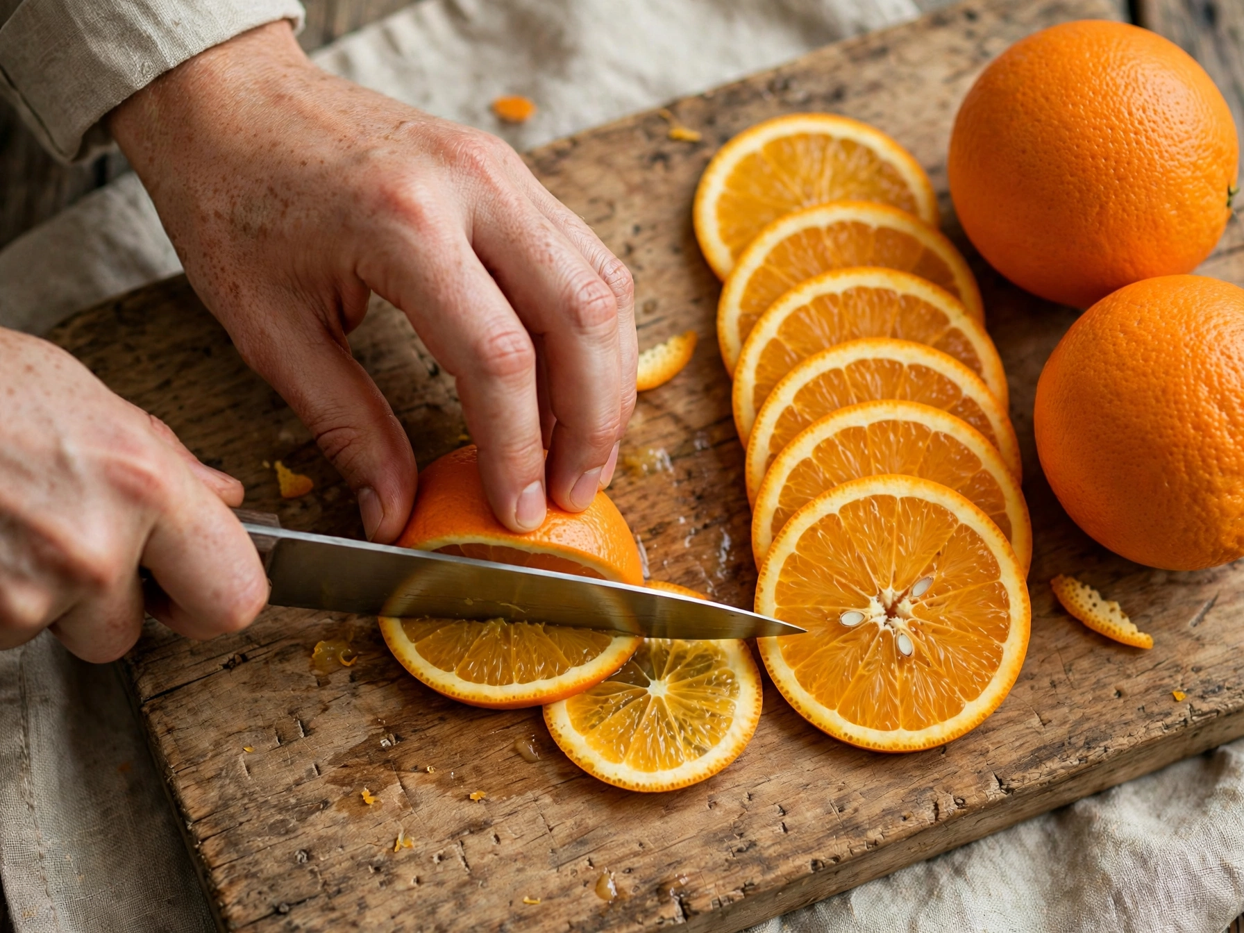 Slicing oranges thinly to make a DIY dried orange garland