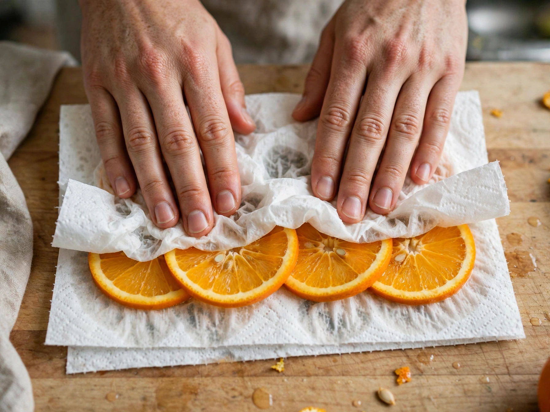 Blotting orange slices dry with paper towels