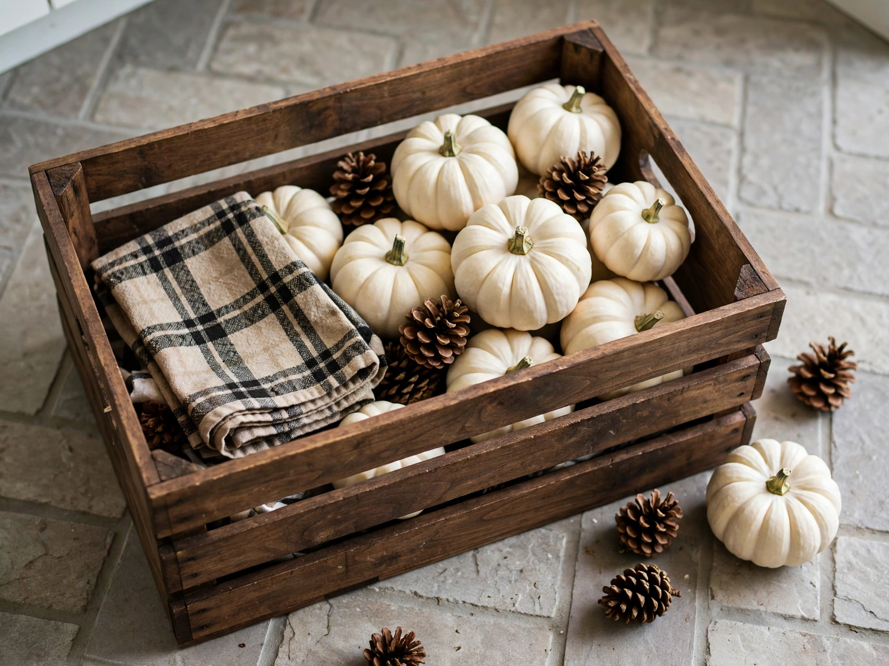 Walnut-stained wooden crate filled with mini pumpkins and pinecones