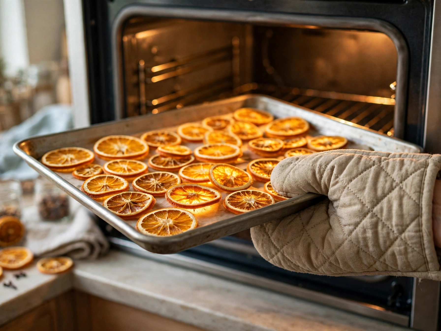 Orange slices drying on a baking tray in a low oven