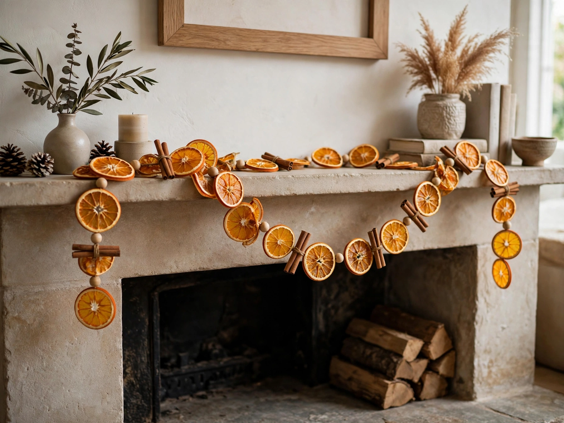 Finished dried orange garland with cinnamon sticks and wooden beads on a mantel