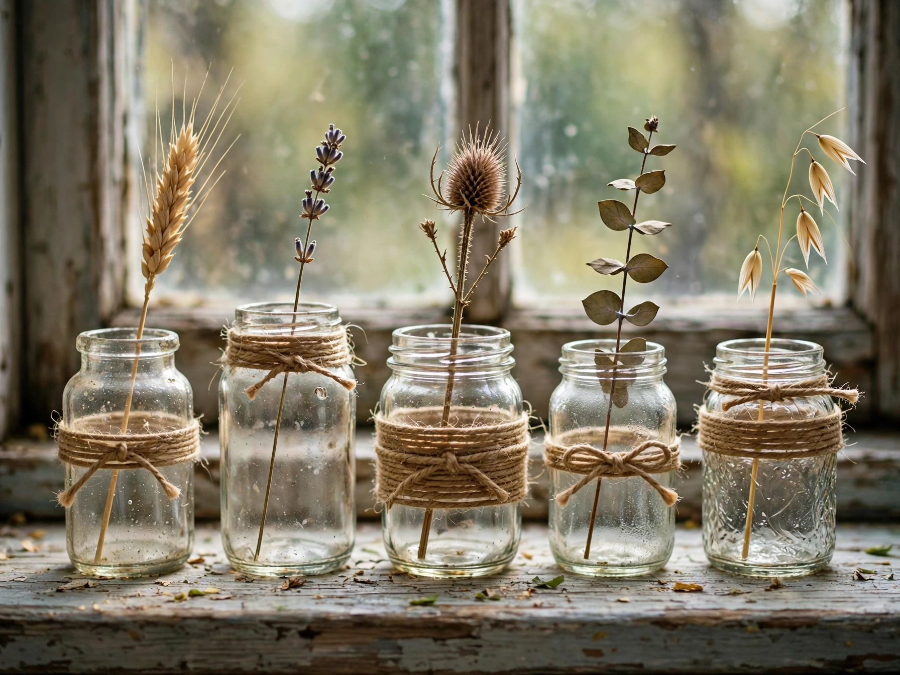Old jars wrapped with twine holding dried flowers