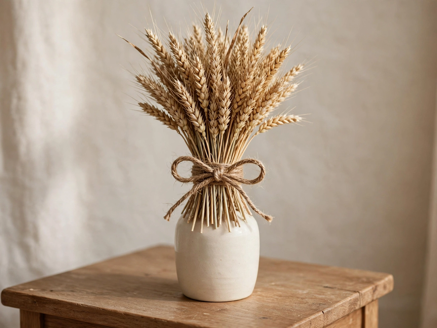 Dried wheat bundle tied with jute in a simple vase