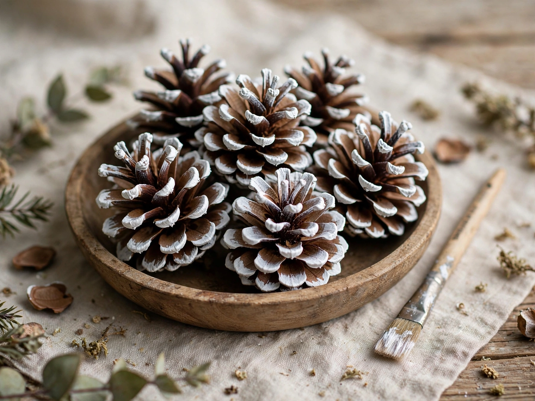 Pinecones with white-painted tips for a frosted look