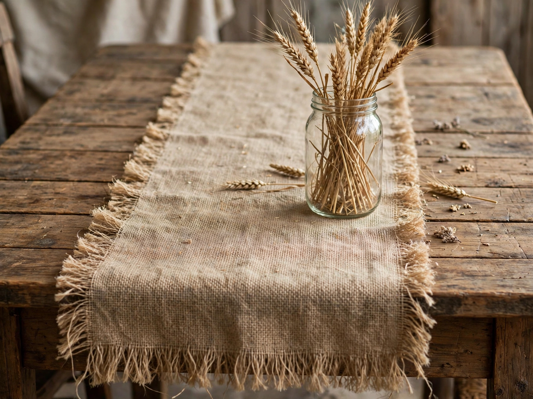 No-sew burlap table runner with frayed edges on a dining table