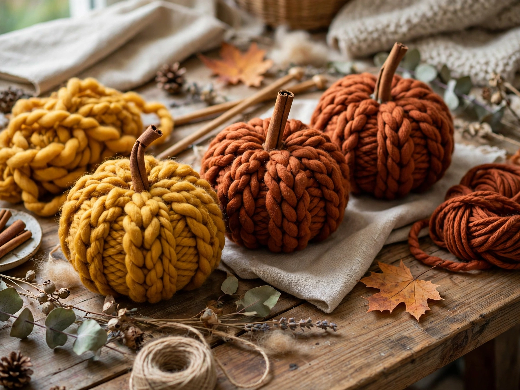 Yarn-wrapped pumpkins made from toilet paper rolls
