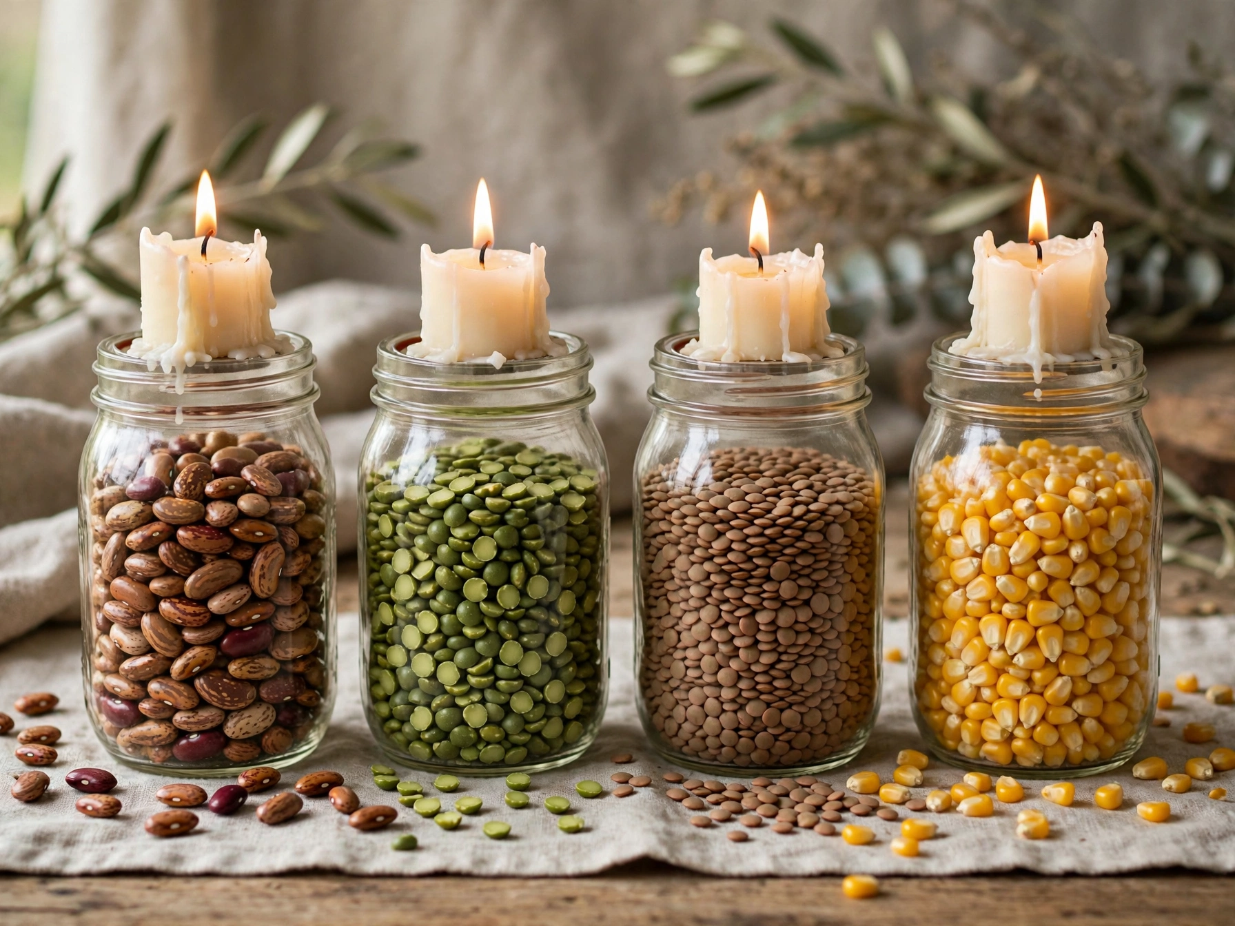 Glass jars layered with dried beans and corn holding candles