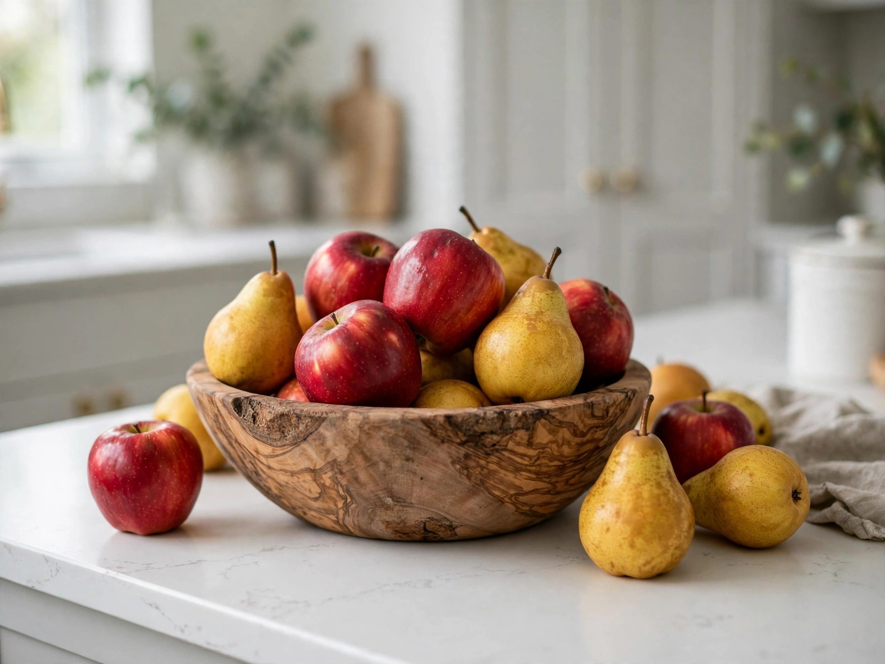 Wooden bowl of apples and pears as simple fall kitchen decor