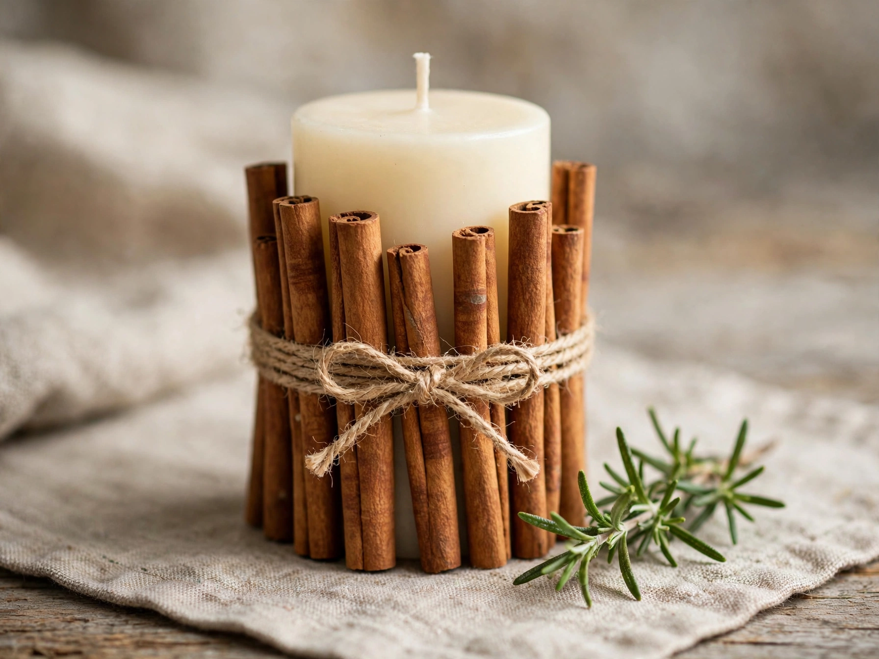 Pillar candle wrapped with cinnamon sticks and tied with twine