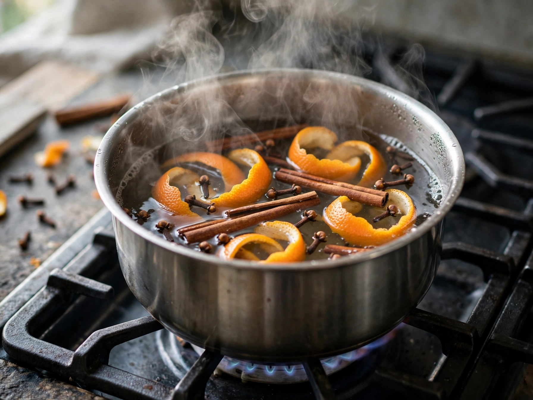 Steaming simmer pot with orange peel, cinnamon and cloves