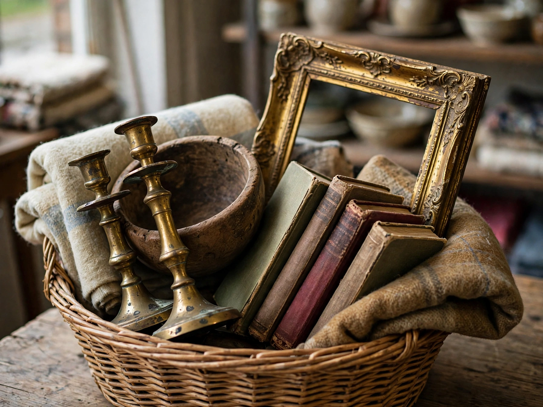 Thrift store basket of brass candlesticks, frames, books and blankets for fall decor