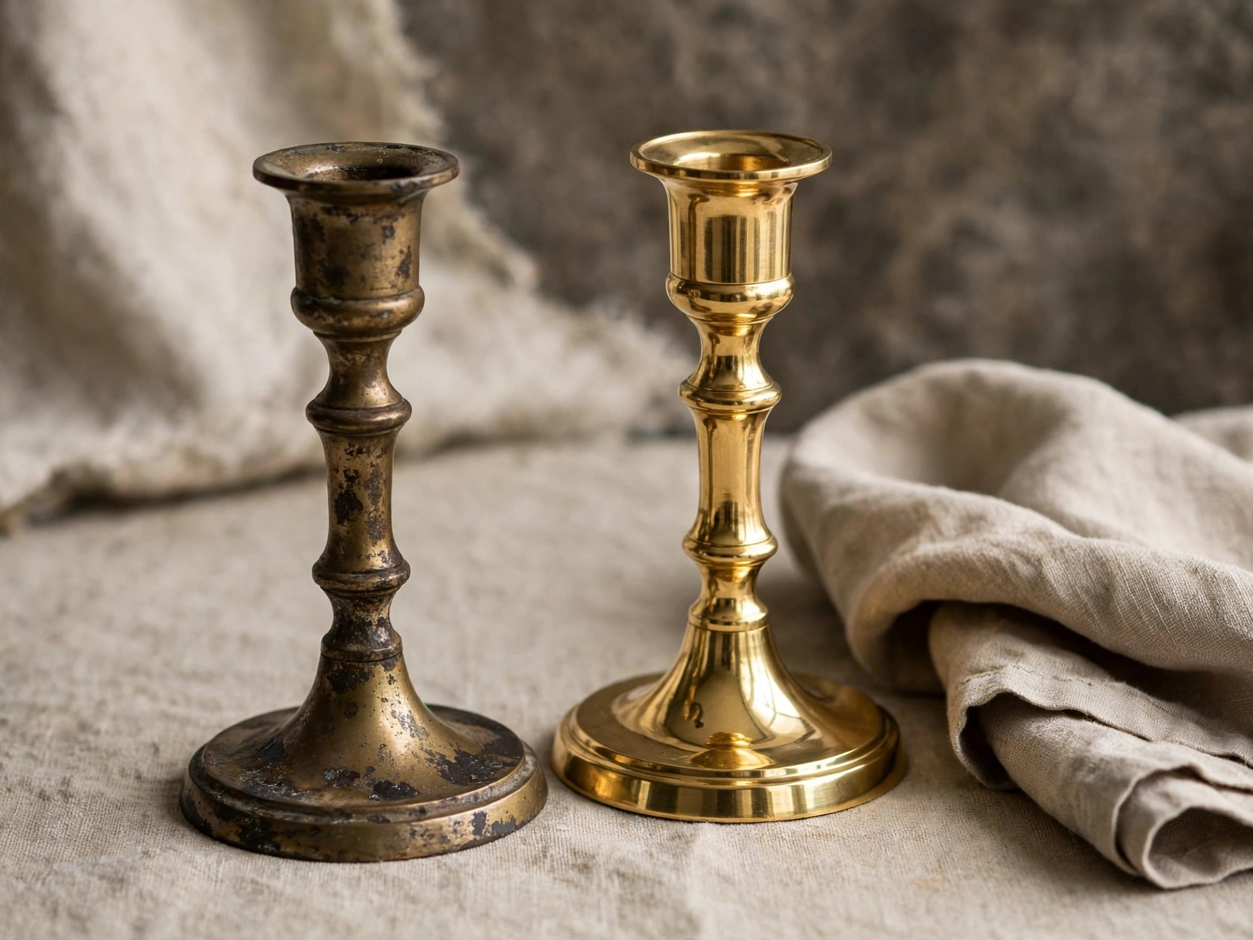 Before and after of polishing tarnished thrifted brass candlesticks