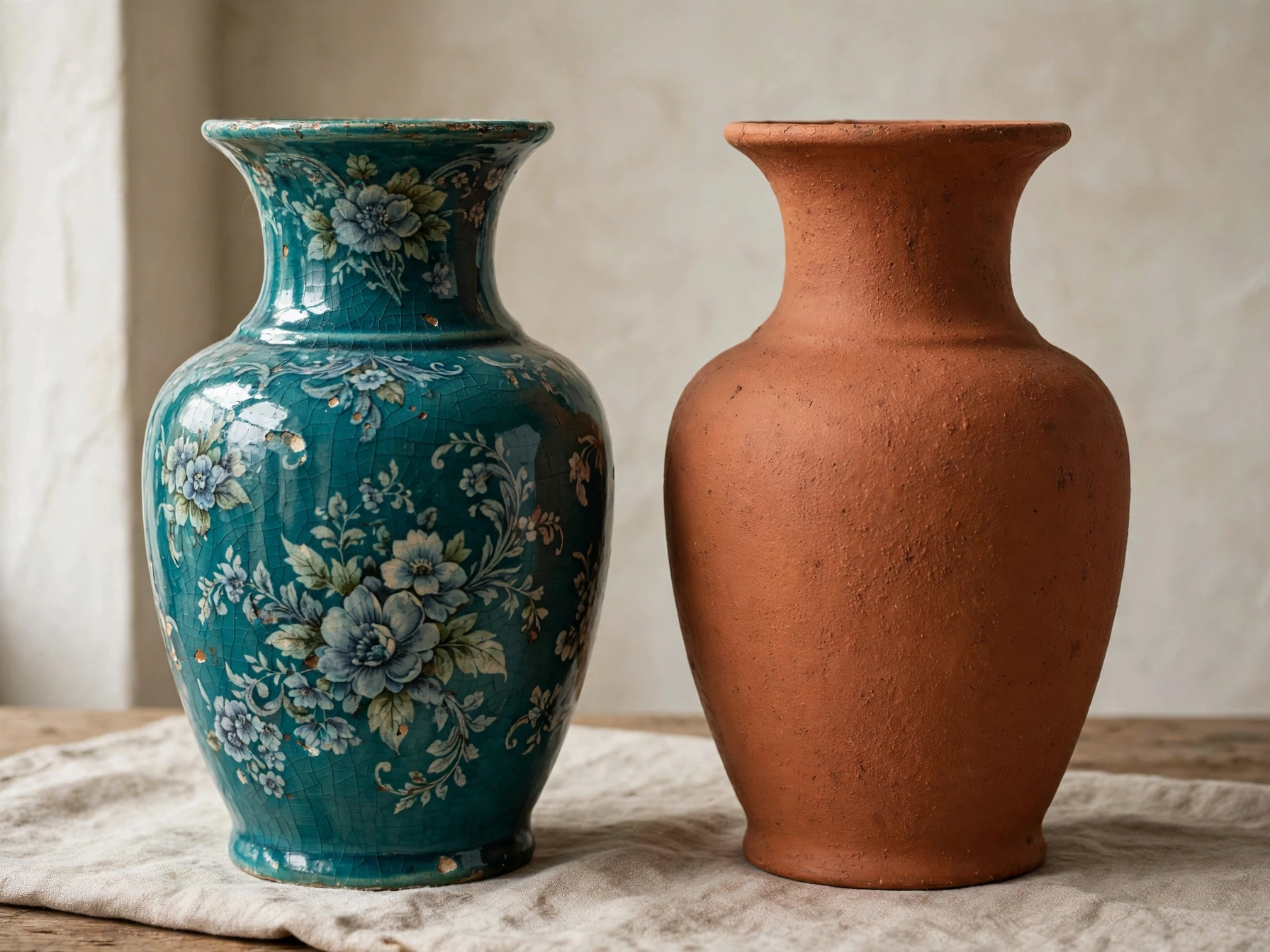 Dated thrift store vase repainted with textured terracotta paint