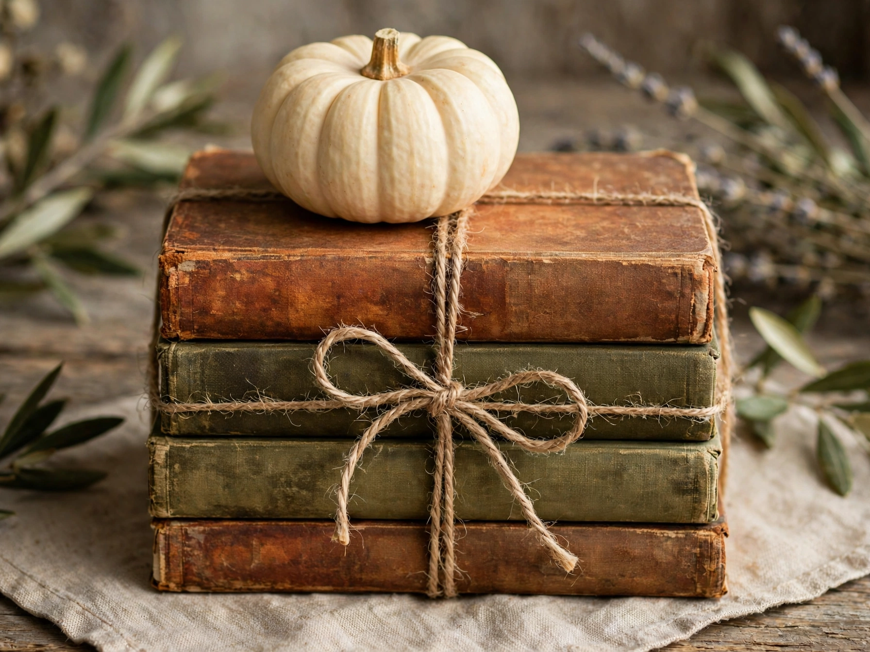 Vintage books tied with twine and topped with a mini pumpkin