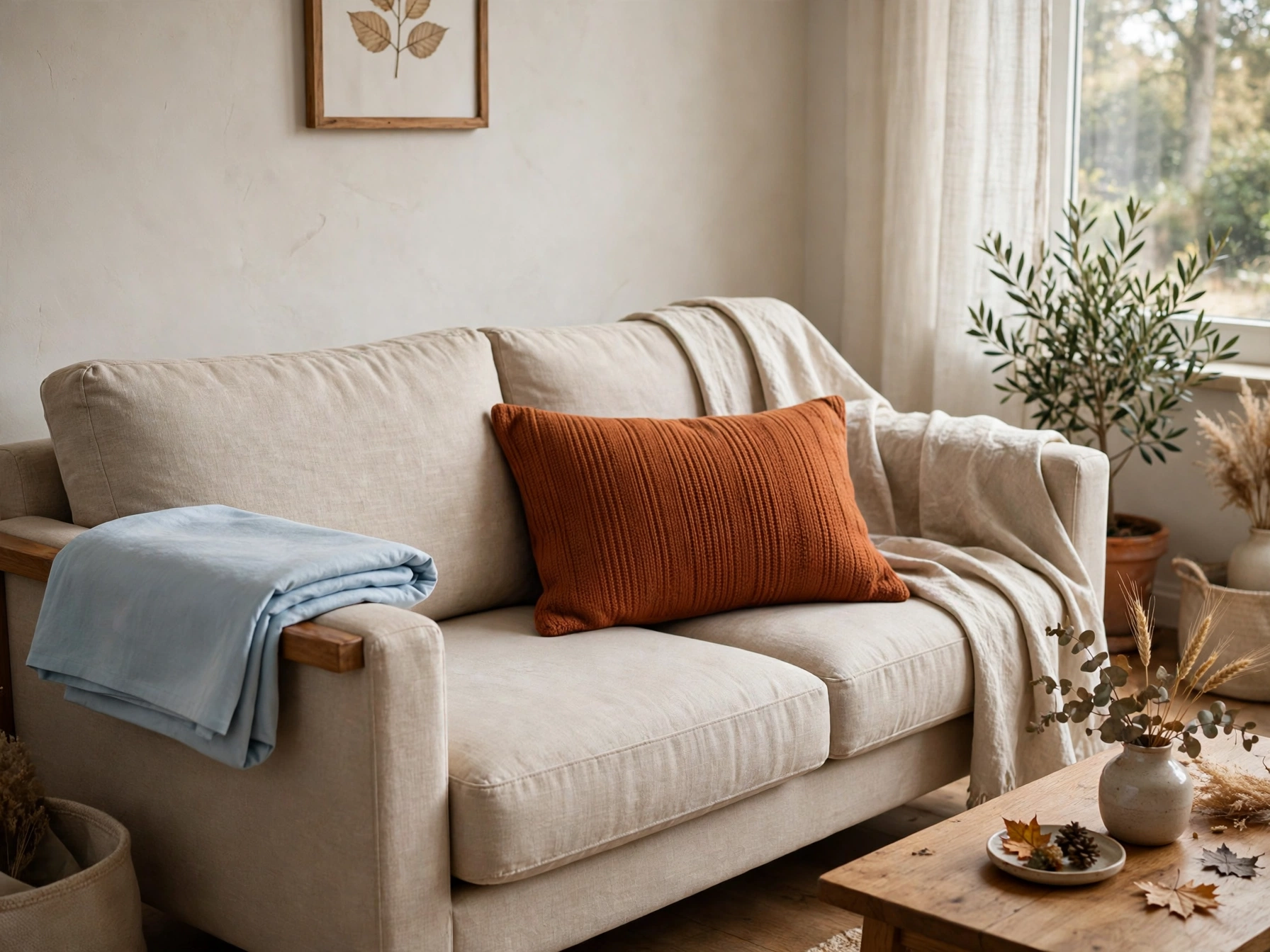 Swapping summer pillow covers for fall ones on a sofa