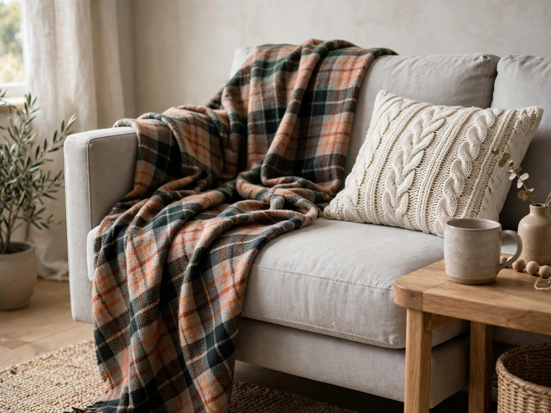 Plaid throw blanket draped over a sofa for quick fall home decor