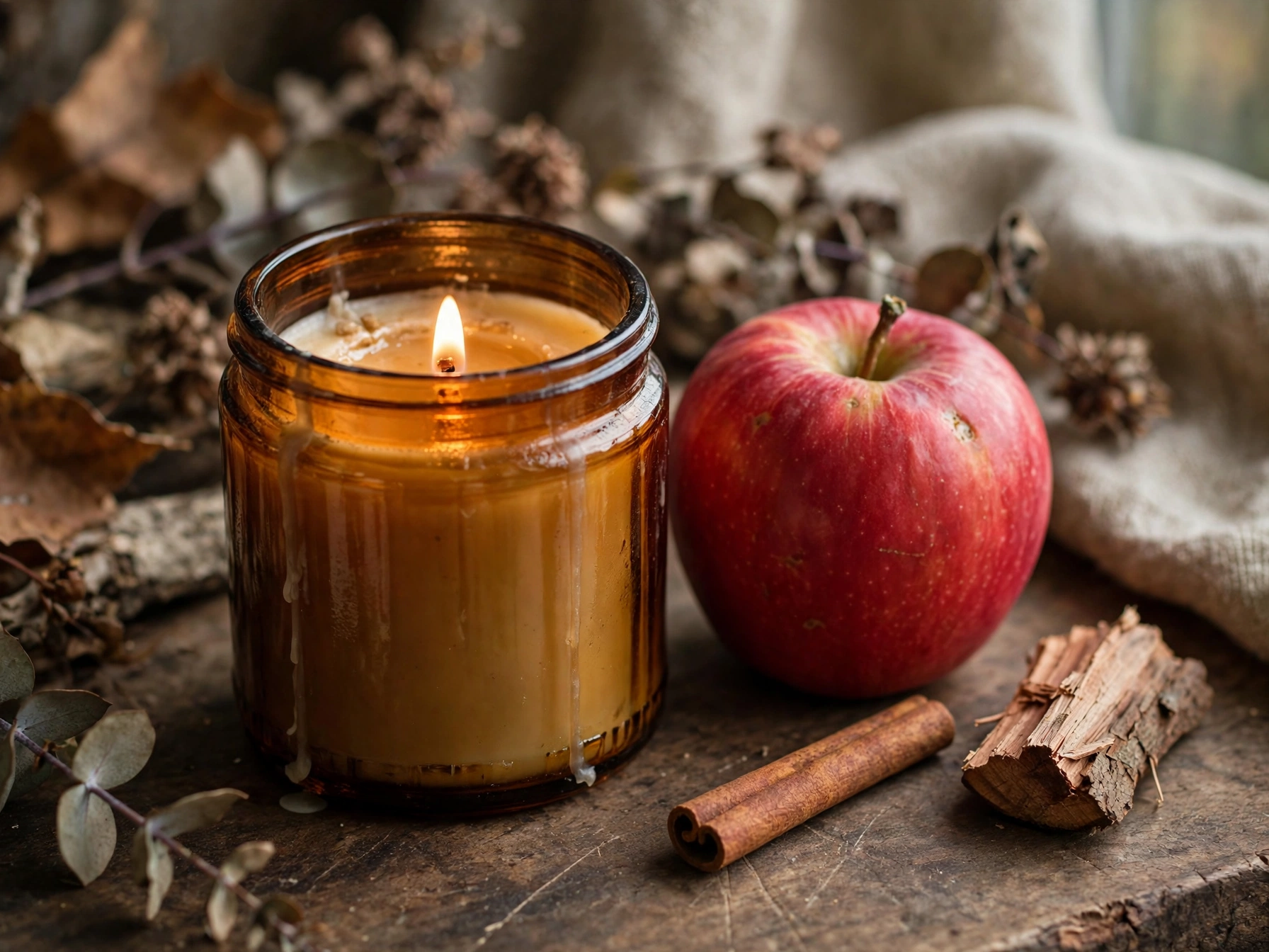 Lit fall-scented candle with apple, cinnamon and cedar