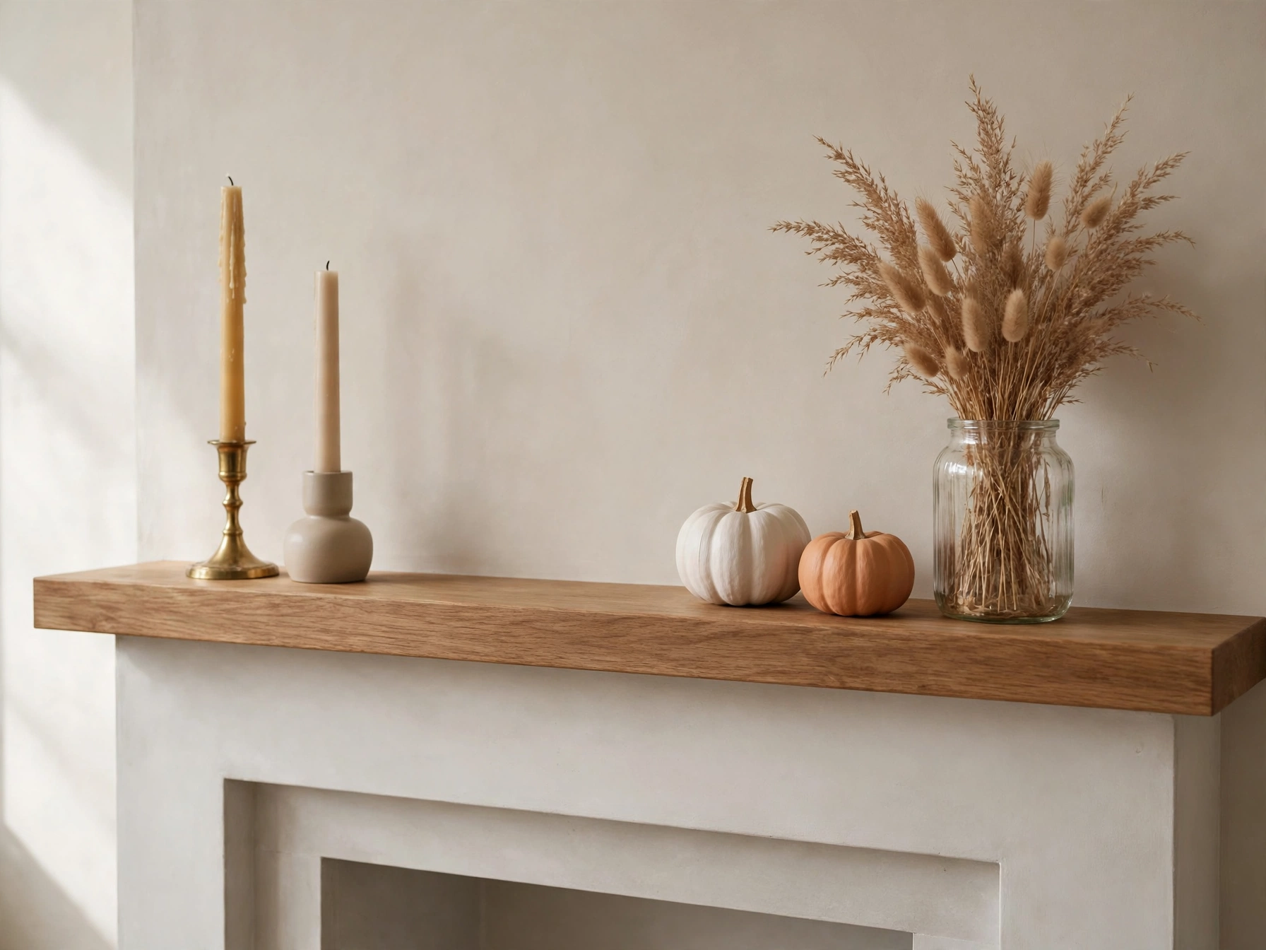 Simple fall mantel with candles and pumpkins after removing summer decor